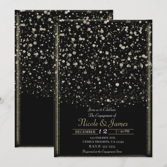 Invitation Fête de fiançailles avec confettis dorés et noirs  (Devant / Derrière)