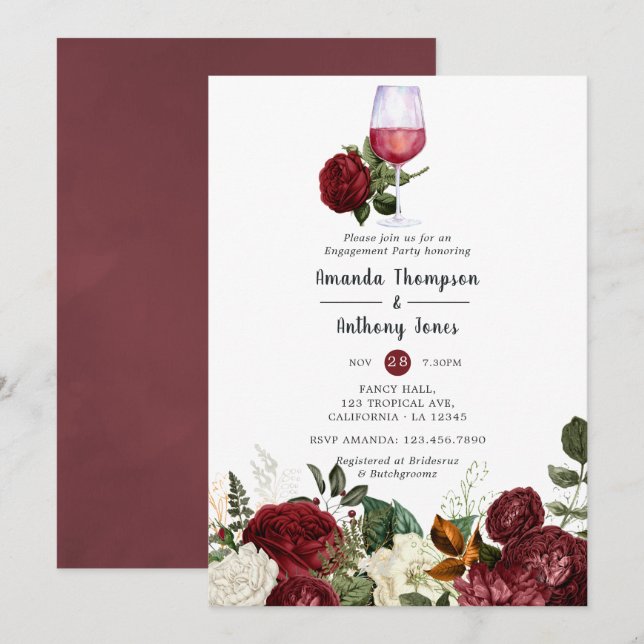 Invitation Fête de fiançailles avec dégustation de vin floral (Devant / Derrière)