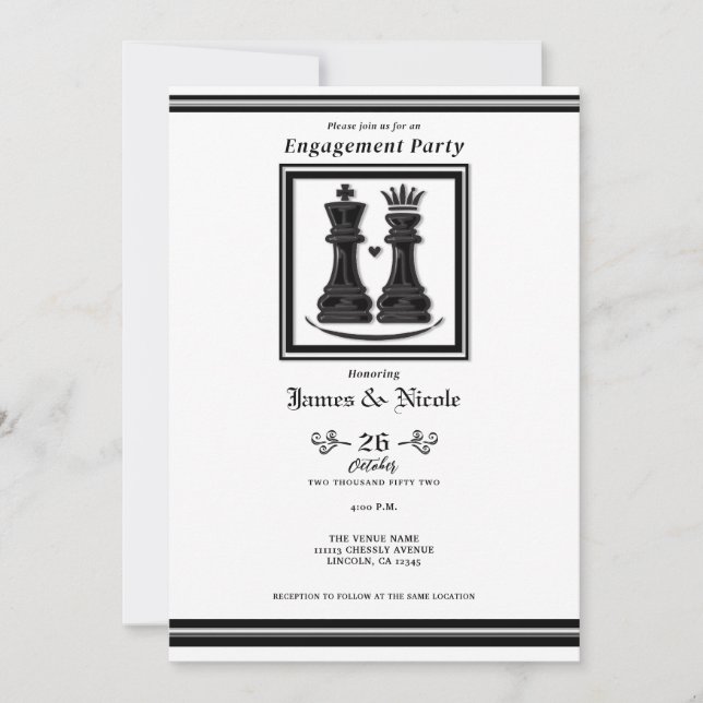 Invitation Fête de fiançailles avec échiquier noir blanc roi  (Devant)