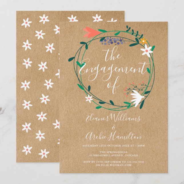 Invitation Fête de fiançailles avec guirlande florale rustiqu (Devant / Derrière)