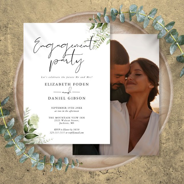 Invitation Fête de Fiançailles avec Photo et Écriture Florale (Floral Greenery Script Photo Engagement Party Invitation)