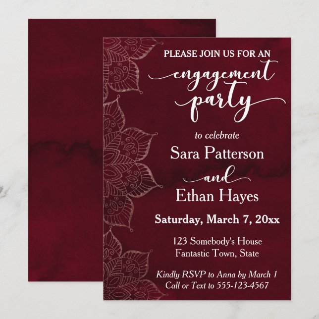 Invitation Fête de fiançailles avec un décor aquarelle rouge (Devant / Derrière)