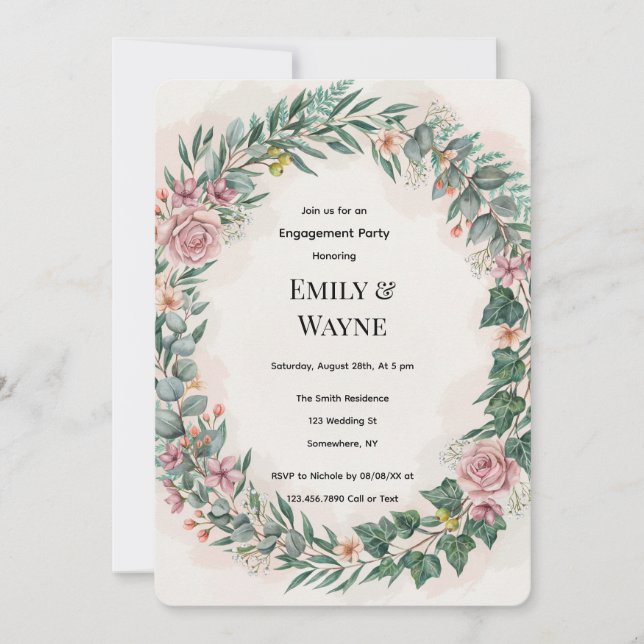 Invitation Fête de fiançailles avec verdure et fleurs roses (Devant)