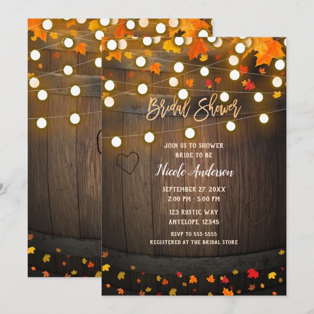 Invitation Fête de Fiançailles Baril de Bois Feuilles d'Autom (Devant / Derrière)