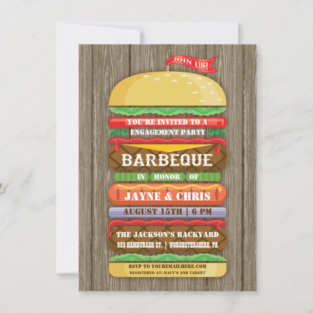 Invitation Fête de fiançailles BBQ Rustique Hamburger Empilé  (Devant)