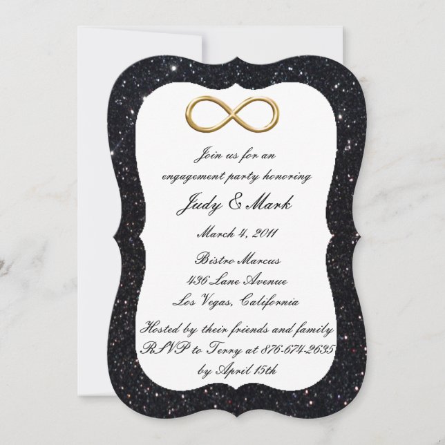 Invitation Fête de fiançailles Black Glitter Gold Infinity (Devant)