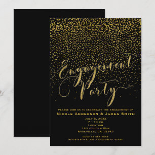 Invitation Fête de Fiançailles Black & Gold Confetti Glam