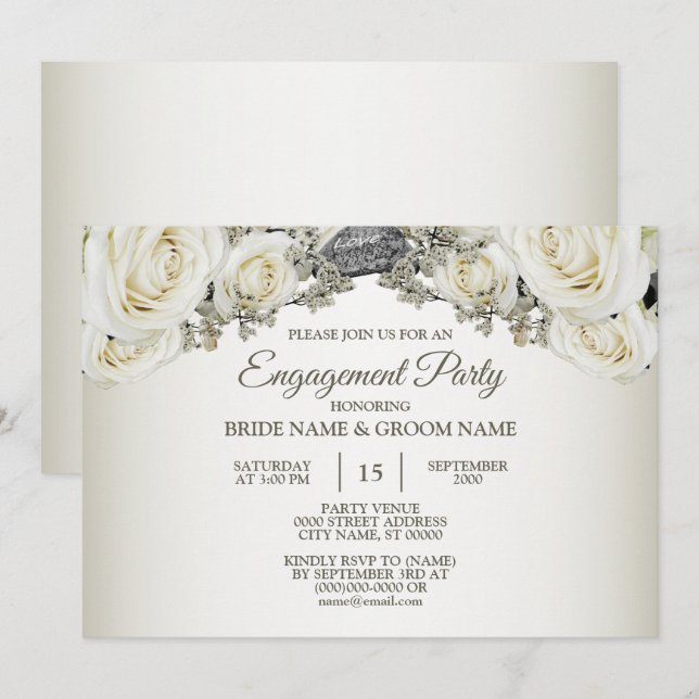 Invitation Fête de fiançailles Blanc Floral Végétal Beige (Devant / Derrière)