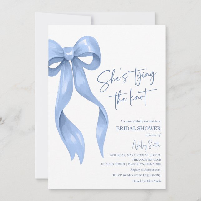 Invitation Fête de Fiançailles Blue Bow Elle Noue le Nœud (Devant)