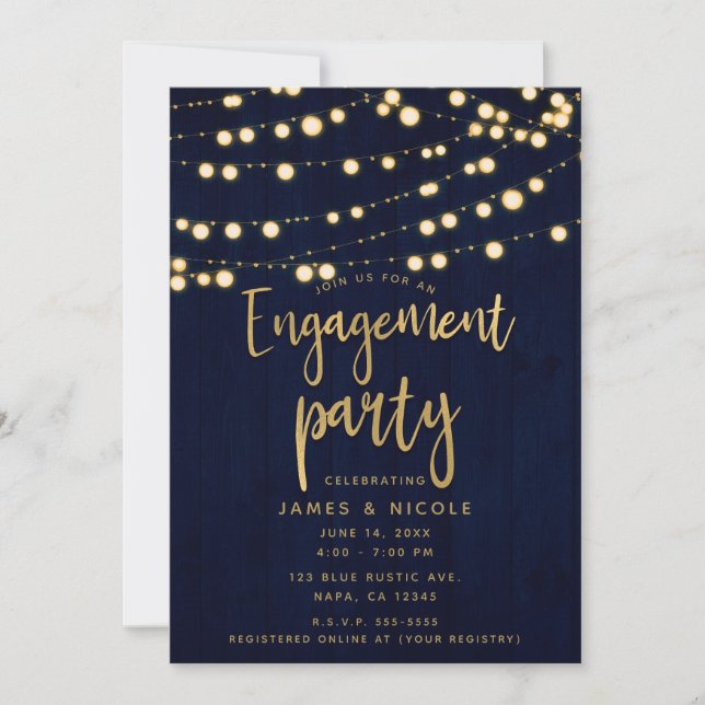 Invitation Fête de fiançailles Blue Gold Rustic Wood & Lights (Devant)