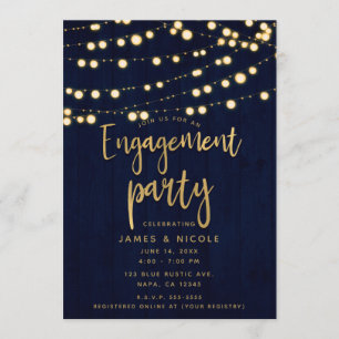 Invitation Fête de fiançailles Blue Gold Rustic Wood & Lights