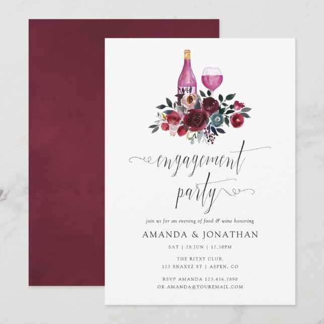 Invitation Fête de fiançailles Bohème Bourgogne & Navy avec d (Devant / Derrière)