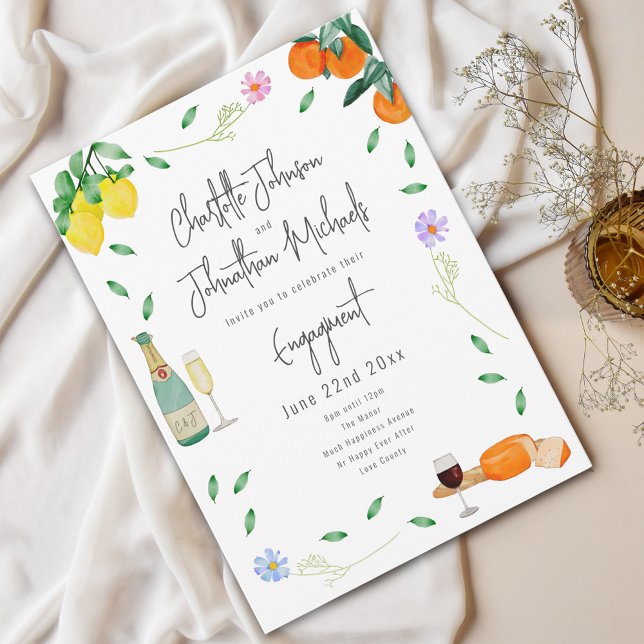 Invitation Fête de fiançailles bohème vin et fromage (Boho chic wine and cheese watercolor floral Wedding engagement party invitation )