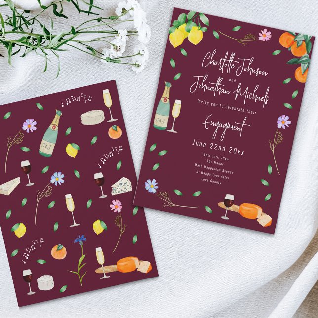 Invitation Fête de fiançailles Bohème Vin et Fromage (Wine and cheese watercolor floral burgundy Wedding engagement party invitation)