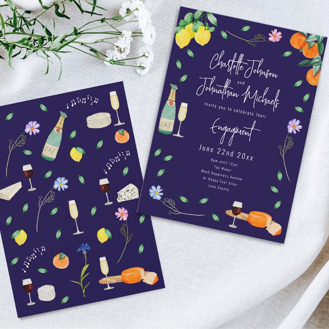 Invitation Fête de fiançailles Bohème Vin et Fromage (Wine and cheese wedding engagement party navy blue white  invitation Watercolor whimsical hand drawn)