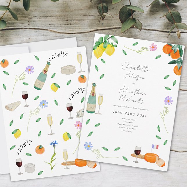 Invitation Fête de fiançailles Bohème Vin et Fromage (Boho floral wine and cheese citrus engagement party invitation whimsical watercolor illustration )