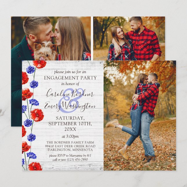 Invitation Fête de Fiançailles Bois Rustique & Coquelicot Rou (Devant / Derrière)