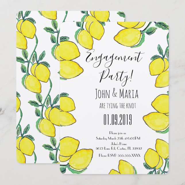Invitation Fête de fiançailles bordure de vigne au citron aqu (Devant / Derrière)