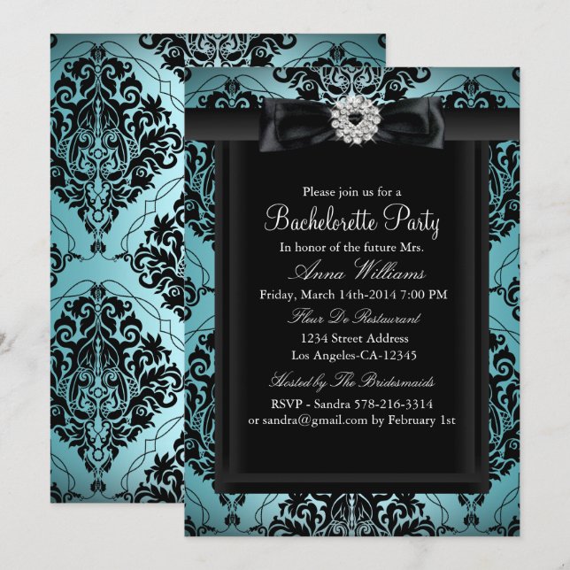 Invitation Fête de Fiançailles Chic Damassé Bleu Turquoise et (Devant / Derrière)
