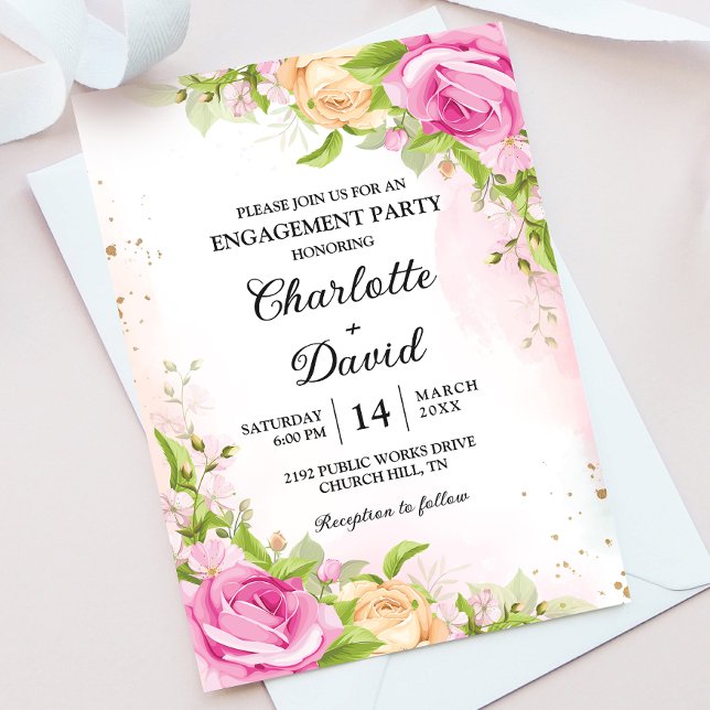 Invitation Fête de fiançailles chic et élégante avec des fleu (Créateur téléchargé)
