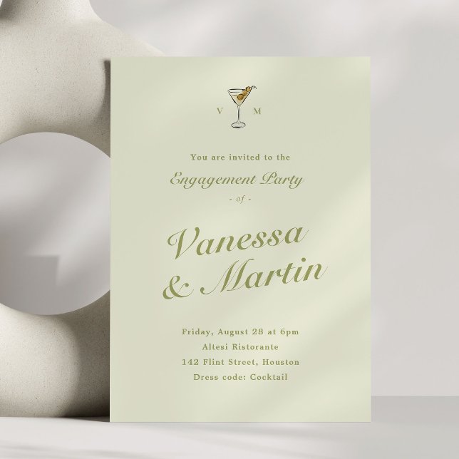 Invitation Fête de Fiançailles Classique Olive Martini (olive martini engagement party invitation with light green background)