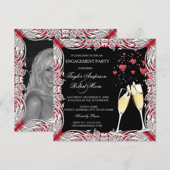Invitation Fête de fiançailles Cœur Rouge Champagne (Devant / Derrière)