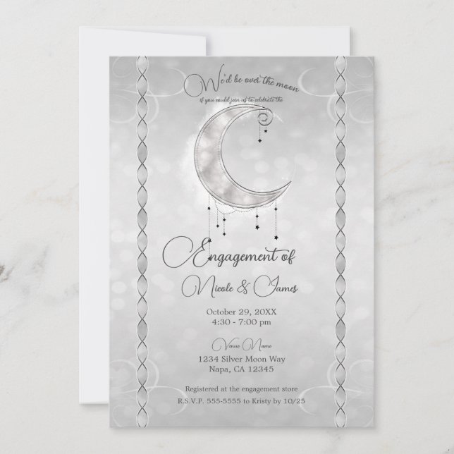 Invitation Fête de fiançailles Croissant de Lune Étoilé Blanc (Devant)