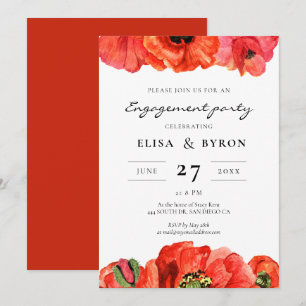 Invitation Fête de fiançailles d'aquarelle de pavot rouge