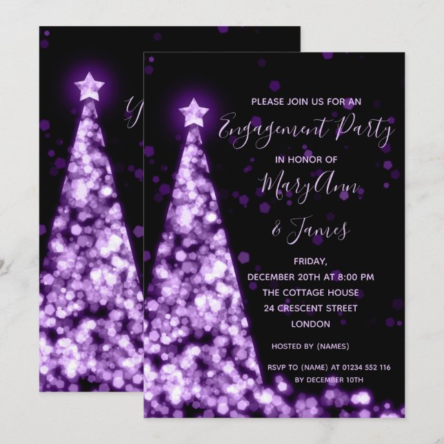 Invitation Fête de fiançailles d'arbre de Noël en violet élég (Devant / Derrière)