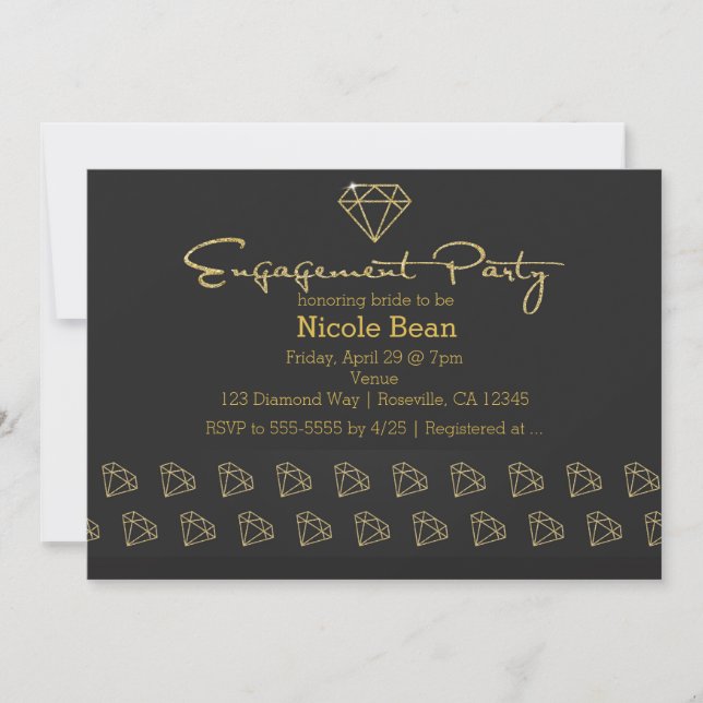 Invitation Fête de fiançailles de design moderne or diamant (Devant)