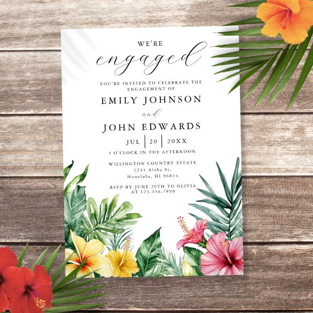 Invitation Fête de fiançailles de fleurs tropicales à l'aquar (Watercolor Tropical Flowers Engagement Party Invitation)