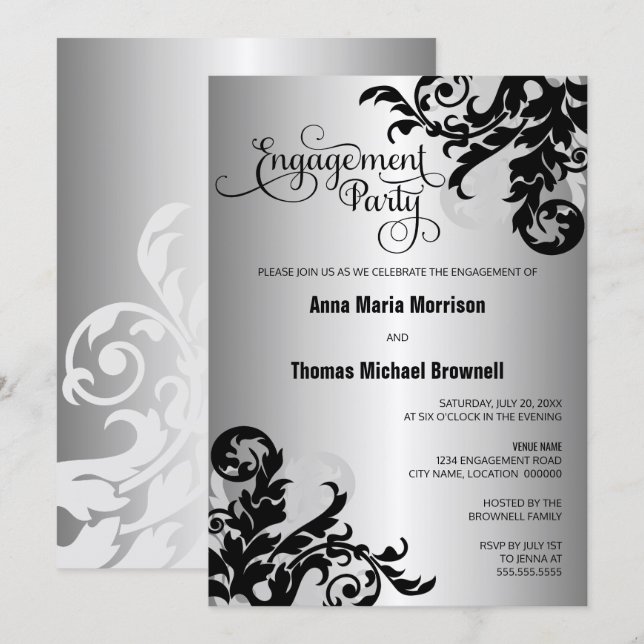 Invitation Fête de fiançailles de l'argent noir (Devant / Derrière)