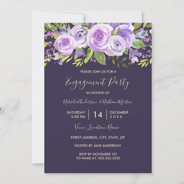 Invitation Fête de Fiançailles de Mariage Floral Rose Lavande (Devant)
