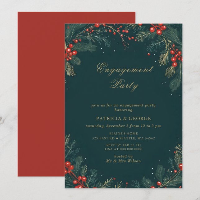 Invitation Fête de fiançailles de Noël florale verte or (Devant / Derrière)