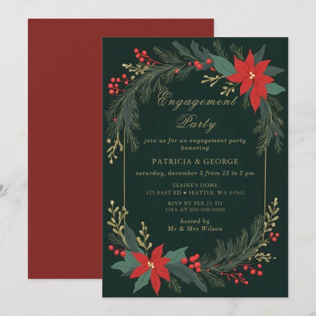 Invitation Fête de fiançailles de Noël florale verte or (Devant / Derrière)