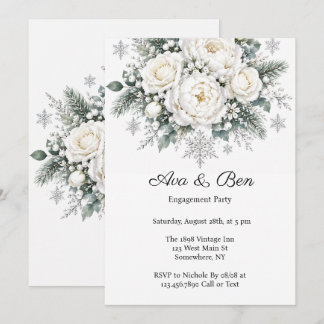 Invitation Fête de fiançailles de Noël Roses blanches d'hiver