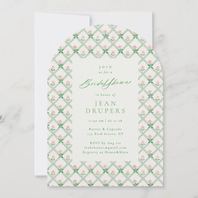Invitation Fête de Fiançailles de Treillis Floral Rose de Cot (Devant)