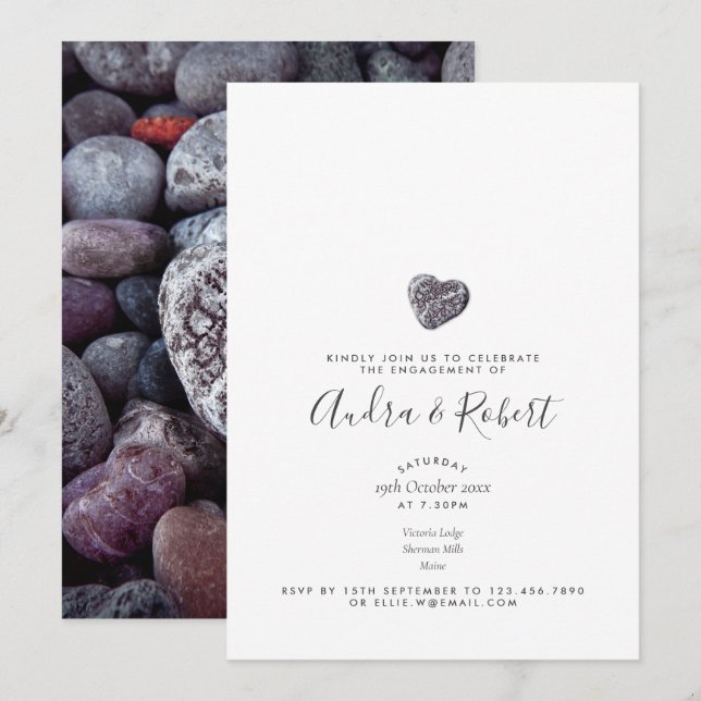 Invitation Fête de fiançailles Découverte de cœur de galet (Devant / Derrière)