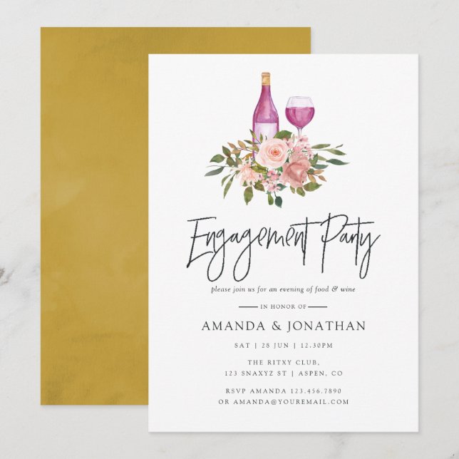 Invitation Fête de fiançailles dégustation de vin Blush flora (Devant / Derrière)