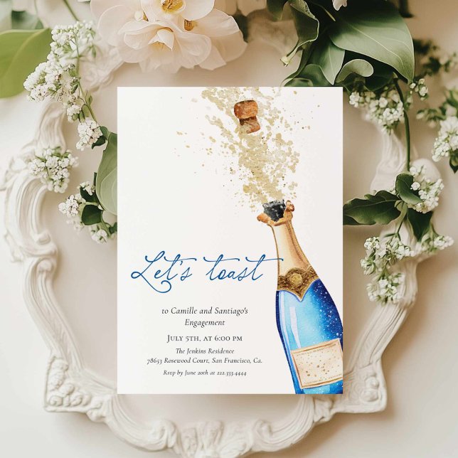 Invitation Fête de fiançailles des couples Blue Let's Toast (Blue Let's Toast Engagement party invitation)