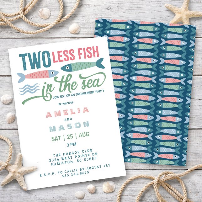 Invitation Fête de fiançailles : Deux poissons de moins dans  (Two Less Fish in the Sea Engagement Party Invitation)