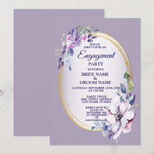 Invitation Fête de fiançailles dorée à aquarelle florale viol