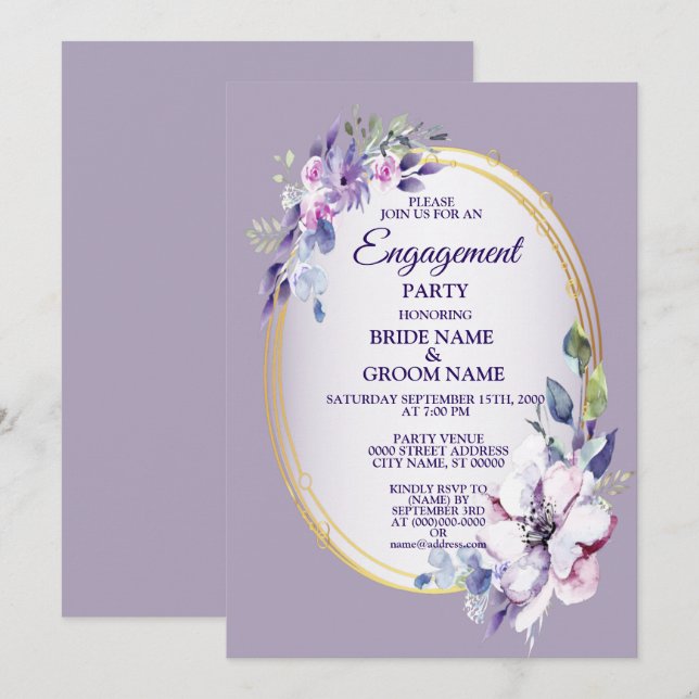 Invitation Fête de fiançailles dorée à aquarelle florale viol (Devant / Derrière)