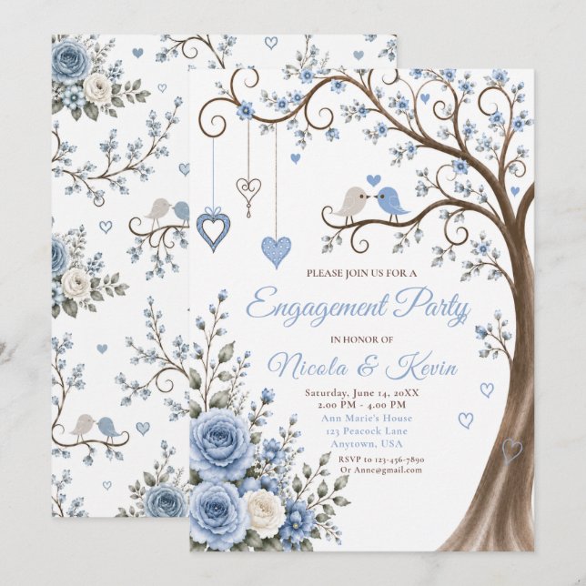 Invitation Fête de fiançailles Dusty Blue Blossom (Devant / Derrière)