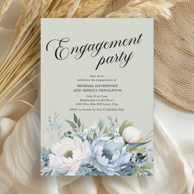 Invitation Fête de fiançailles Dusty Blue Sage Green (Dusty blue and white watercolor floral engagement party invitation)