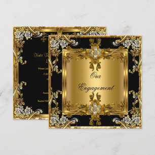 Invitation Fête de fiançailles Élégant floral or bijou noir
