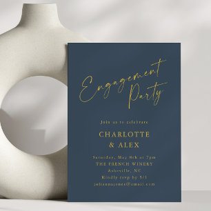 Invitation Fête de fiançailles élégante bleu marine jaune or