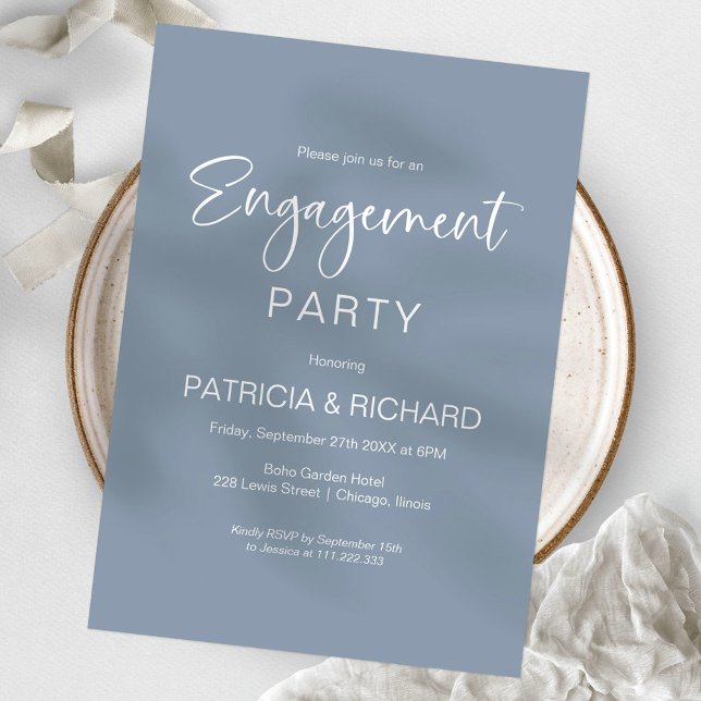 Invitation Fête de fiançailles élégante bleu poussiéreux (Créateur téléchargé)