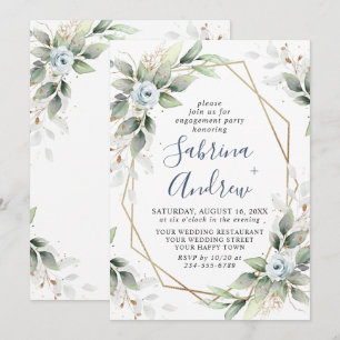 Invitation Fête de fiançailles Élégante Bleu Poussiéreux Ver