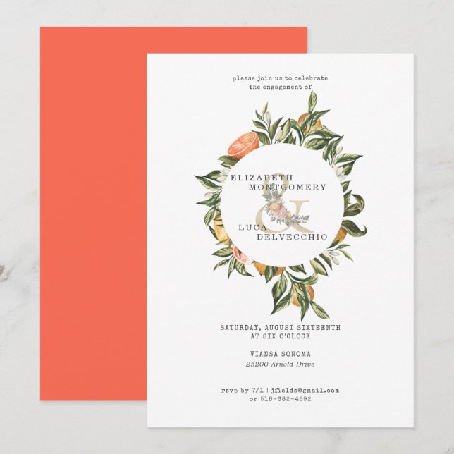 Invitation Fête de fiançailles élégante dans un verger d'agru (Devant / Derrière)